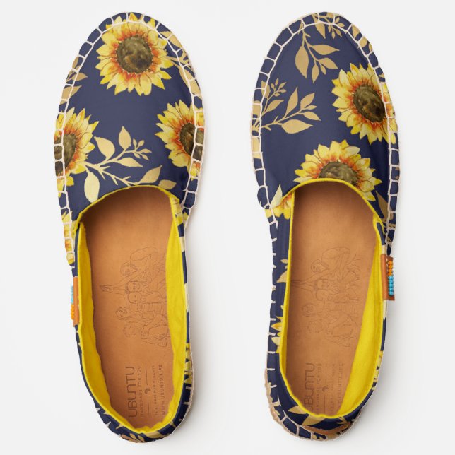 Sunny Yellow Gold Navy Sunflowers Leaves Pattern Espadrilles (Front)