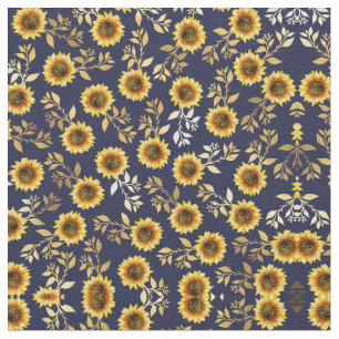 Sunny Yellow Gold Navy Sunflowers Leaves Pattern Fabric