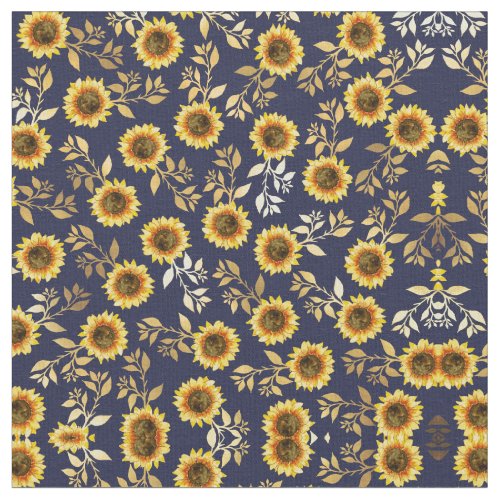 Sunny Yellow Gold Navy Sunflowers Leaves Pattern Fabric