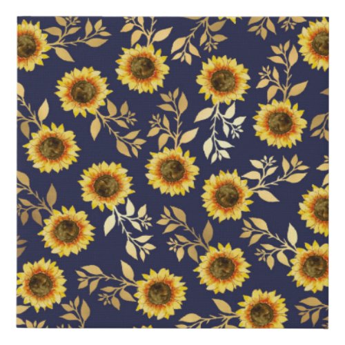 Sunny Yellow Gold Navy Sunflowers Leaves Pattern Faux Canvas Print