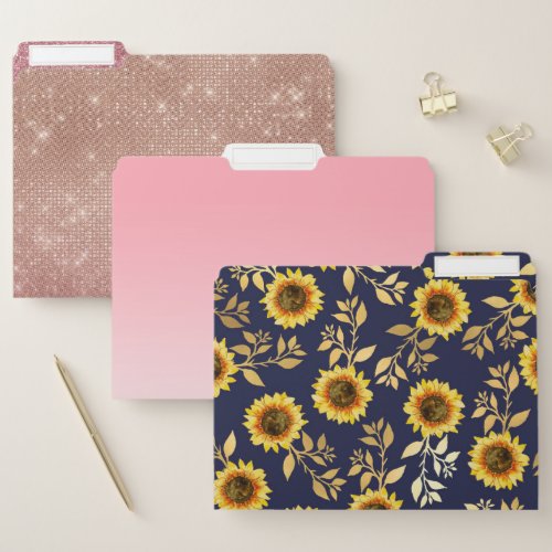 Sunny Yellow Gold Navy Sunflowers Leaves Pattern File Folder