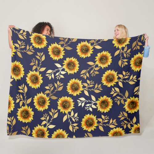 Sunny Yellow Gold Navy Sunflowers Leaves Pattern Fleece Blanket