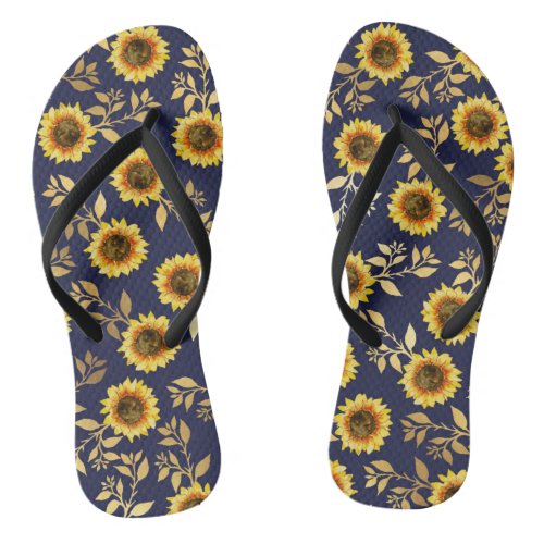 Sunny Yellow Gold Navy Sunflowers Leaves Pattern Flip Flops