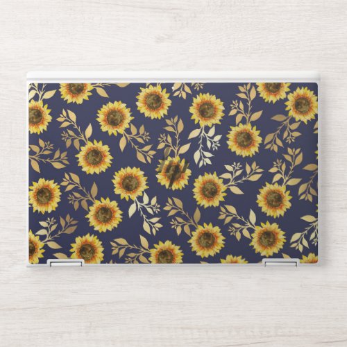 Sunny Yellow Gold Navy Sunflowers Leaves Pattern HP Laptop Skin