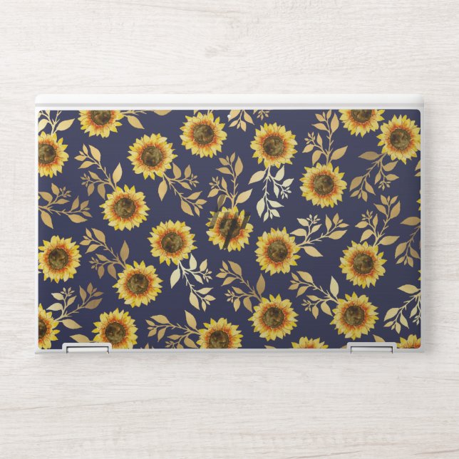 Sunny Yellow Gold Navy Sunflowers Leaves Pattern HP Laptop Skin (Front)
