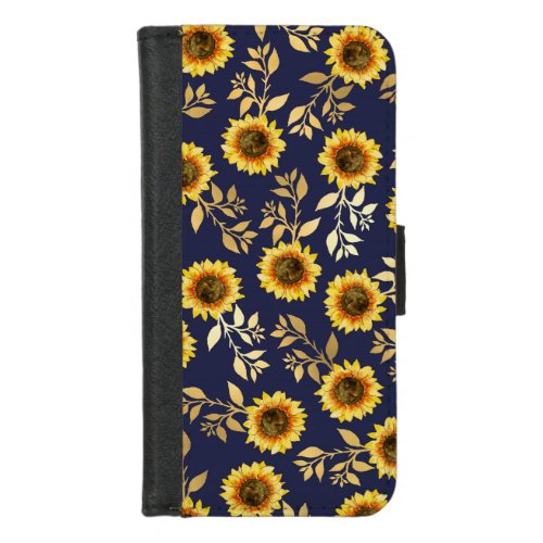 Sunny Yellow Gold Navy Sunflowers Leaves Pattern iPhone 87 Wallet Case