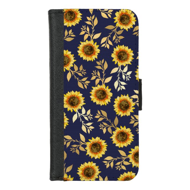 Sunny Yellow Gold Navy Sunflowers Leaves Pattern iPhone Wallet Case (Front)