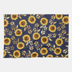 Sunny Yellow Gold Navy Sunflowers Leaves Pattern Kitchen Towel