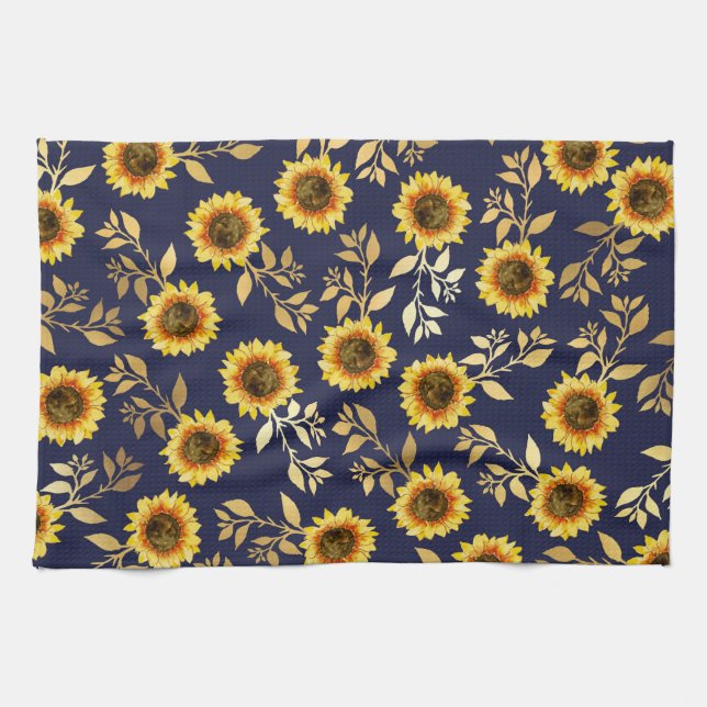 Sunny Yellow Gold Navy Sunflowers Leaves Pattern Kitchen Towel (Horizontal)