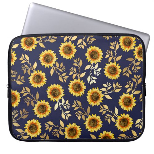 Sunny Yellow Gold Navy Sunflowers Leaves Pattern Laptop Sleeve