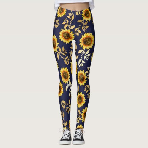 Sunny Yellow Gold Navy Sunflowers Leaves Pattern Leggings