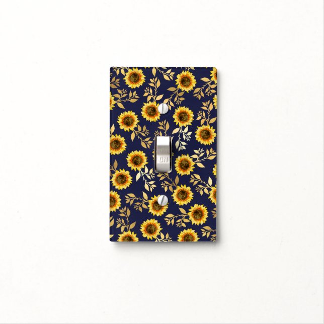 Sunny Yellow Gold Navy Sunflowers Leaves Pattern Light Switch Cover (In Situ)