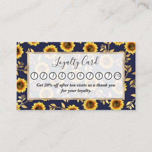 Sunny Yellow Gold Navy Sunflowers Leaves Pattern Loyalty Card