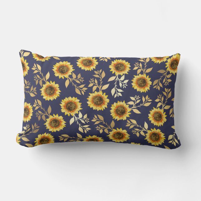 Sunny Yellow Gold Navy Sunflowers Leaves Pattern Lumbar Pillow (Front)