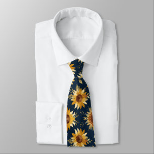 Sunny Yellow Gold Navy Sunflowers Leaves Pattern Neck Tie