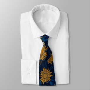 Sunny Yellow Gold Navy Sunflowers Leaves Pattern Neck Tie