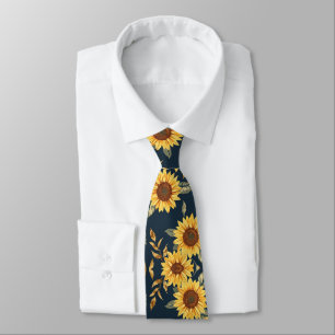 Sunny Yellow Gold Navy Sunflowers Leaves Pattern Neck Tie