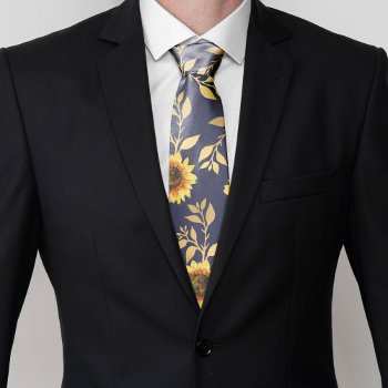 Sunny Yellow Gold Navy Sunflowers Leaves Pattern Neck Tie by _LaFemme_ at Zazzle