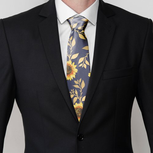 Sunny Yellow Gold Navy Sunflowers Leaves Pattern Neck Tie
