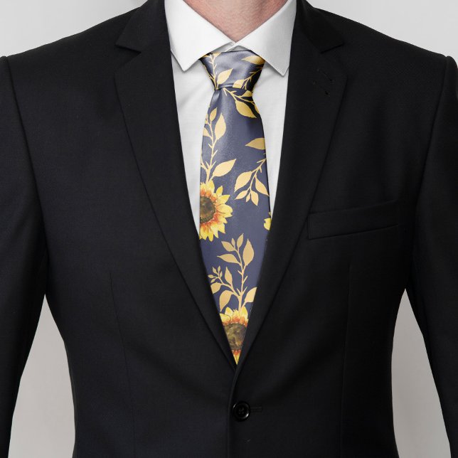 Sunny Yellow Gold Navy Sunflowers Leaves Pattern Neck Tie (Creator Uploaded)