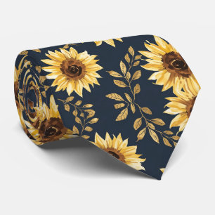 Sunny Yellow Gold Navy Sunflowers Leaves Pattern Neck Tie