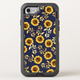 Sunny Yellow Gold Navy Sunflowers Leaves Pattern OtterBox Defender iPhone SE/8/7 Case