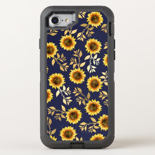 Sunny Yellow Gold Navy Sunflowers Leaves Pattern Otterbox iPhone Case (Back)