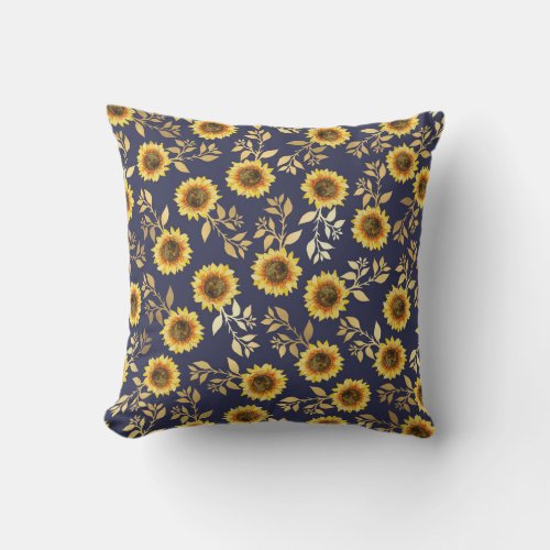 Sunny Yellow Gold Navy Sunflowers Leaves Pattern Outdoor Pillow