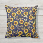 Sunny Yellow Gold Navy Sunflowers Leaves Pattern Outdoor Pillow<br><div class="desc">This elegant and chic floral pattern is perfect for the summer season. it features a yellow and brown watercolor painted sunflower pattern with faux printed gold foil leaves on top of a simple navy blue background. This print is trendy, country, and modern. ***IMPORTANT DESIGN NOTE: For any custom design request...</div>
