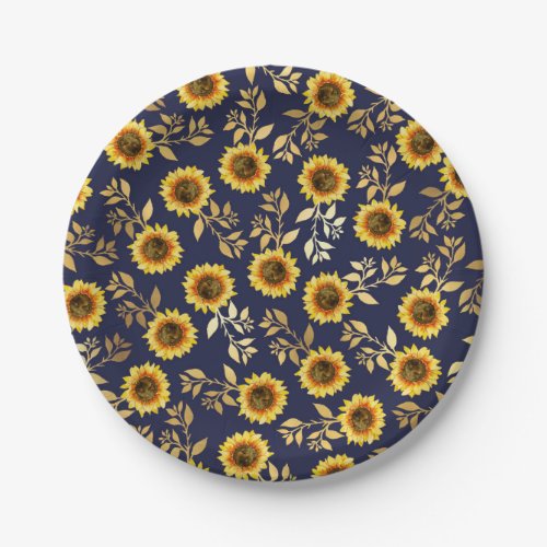 Sunny Yellow Gold Navy Sunflowers Leaves Pattern Paper Plates