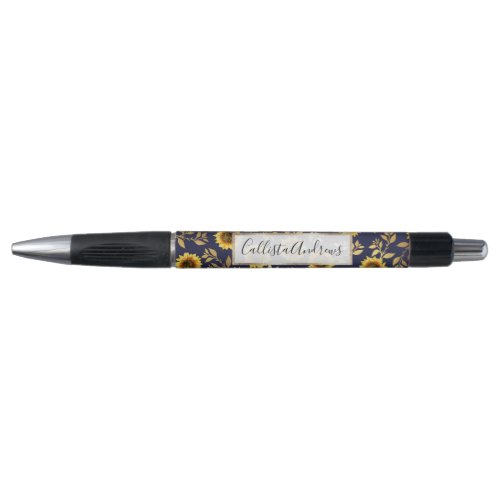 Sunny Yellow Gold Navy Sunflowers Leaves Pattern Pen