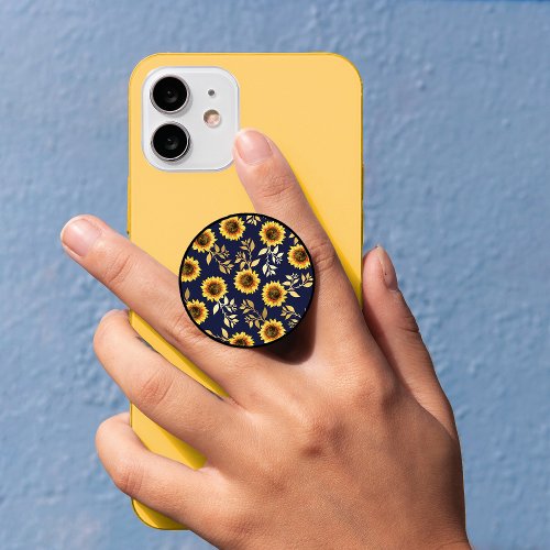 Sunny Yellow Gold Navy Sunflowers Leaves Pattern PopSocket