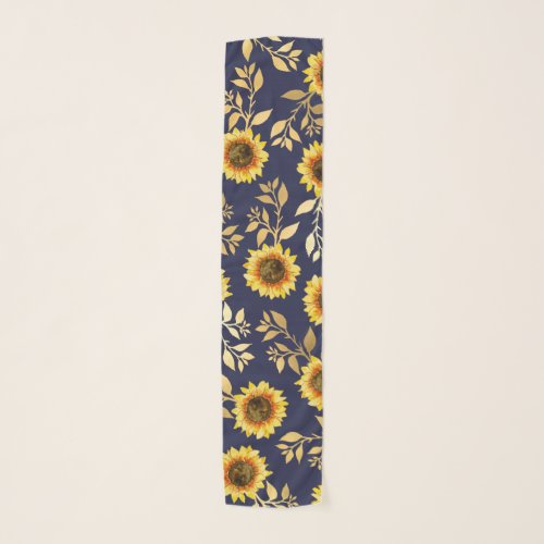 Sunny Yellow Gold Navy Sunflowers Leaves Pattern Scarf