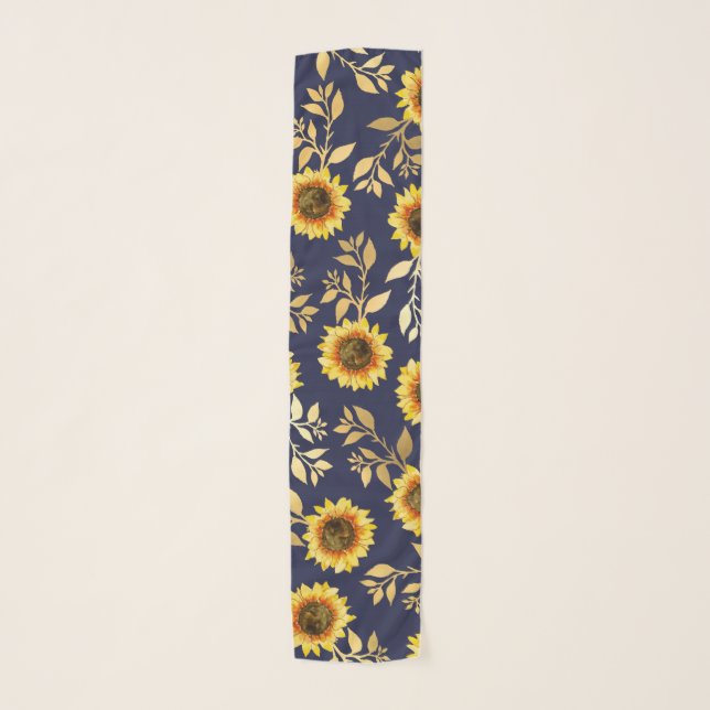Sunny Yellow Gold Navy Sunflowers Leaves Pattern Scarf (Front)