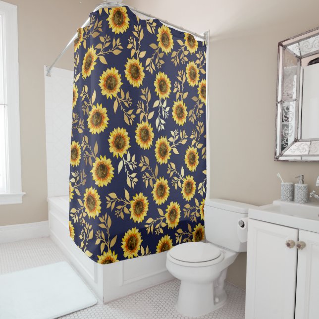 Sunny Yellow Gold Navy Sunflowers Leaves Pattern Shower Curtain (In Situ)