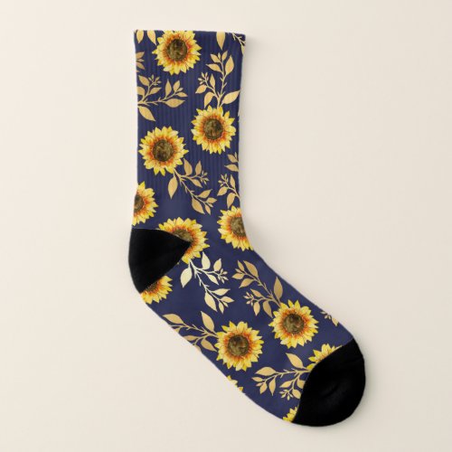 Sunny Yellow Gold Navy Sunflowers Leaves Pattern Socks