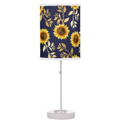 Sunny Yellow Gold Navy Sunflowers Leaves Pattern Table Lamp