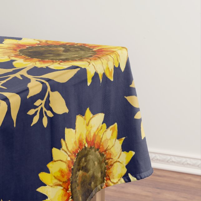 Sunny Yellow Gold Navy Sunflowers Leaves Pattern Tablecloth (In Situ)