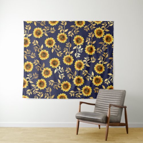 Sunny Yellow Gold Navy Sunflowers Leaves Pattern Tapestry