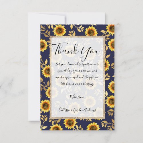 Sunny Yellow Gold Navy Sunflowers Leaves Pattern Thank You Card