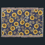 Sunny Yellow Gold Navy Sunflowers Leaves Pattern Throw Blanket<br><div class="desc">This elegant and chic floral pattern is perfect for the summer season. it features a yellow and brown watercolor painted sunflower pattern with faux printed gold foil leaves on top of a simple navy blue background. This print is trendy, country, and modern. ***IMPORTANT DESIGN NOTE: For any custom design request...</div>
