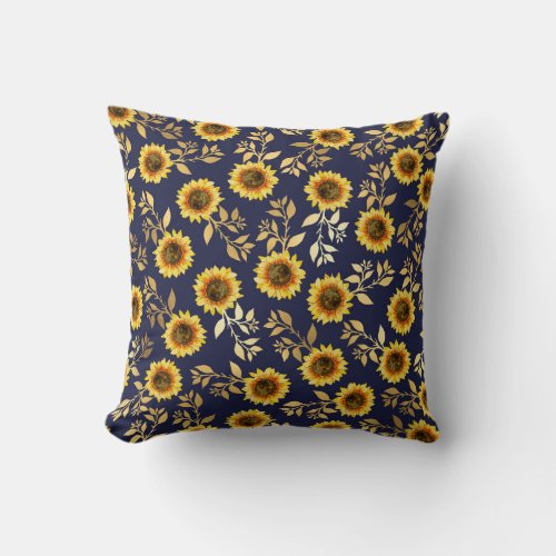 Sunny Yellow Gold Navy Sunflowers Leaves Pattern Throw Pillow