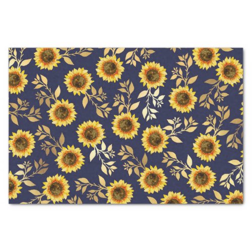 Sunny Yellow Gold Navy Sunflowers Leaves Pattern Tissue Paper