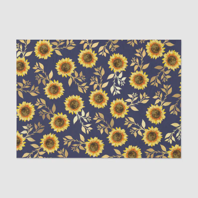 Sunny Yellow Gold Navy Sunflowers Leaves Pattern Tissue Paper | Zazzle