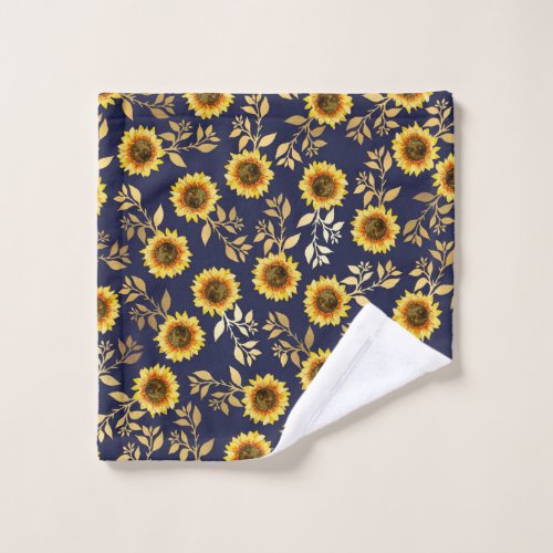 Sunny Yellow Gold Navy Sunflowers Leaves Pattern Wash Cloth