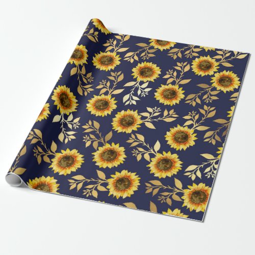 Sunny Yellow Gold Navy Sunflowers Leaves Pattern Wrapping Paper