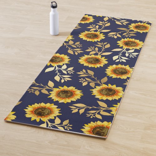 Sunny Yellow Gold Navy Sunflowers Leaves Pattern Yoga Mat