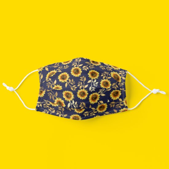 Sunny Yellow Gold Navy Sunflowers Leaves Safety Cloth Face Mask