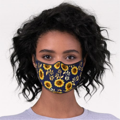 Sunny Yellow Gold Navy Sunflowers Leaves Safety Premium Face Mask
