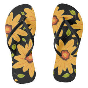 Sunny Yellow Hand-Painted Daisy Flower on Black Flip Flops